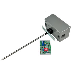 Long metal probe attached to a rectangular box, with a separate small green circuit board next to it.