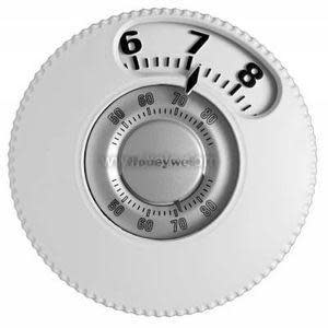 A circular white thermostat featuring a ridged edge, an inner dial showing 60 to 80 degrees Fahrenheit, and a larger outer ring marked 6 through 8 with an arrow indicator.