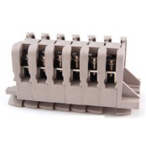 Row of grey modular terminal blocks with screw connections for multiple circuits