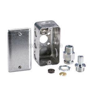 Metal electrical box with matching cover and two threaded fittings with washers.