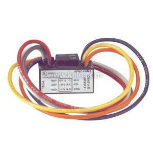 Miniature control module showing printed label and attached red, yellow, orange and purple wires.