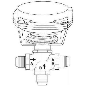 line illustration of a three-port valve with a circular actuator on top and two side ports; arrows inside show flow direction between ports labeled A and B