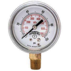 Front view of a circular pressure gauge with a white face, red and black markings for psi and kPa, and a brass threaded stem at the bottom.