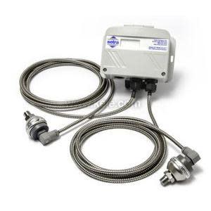 Grey rectangular module with two long braided metal hoses ending in threaded pressure sensor fittings.