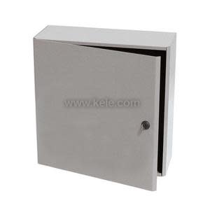 Square grey metal cabinet with a hinged door slightly ajar and a small round key lock on the front