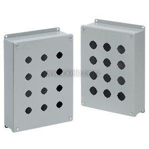 Rectangular grey metal box with multiple circular holes on top for mounting buttons.