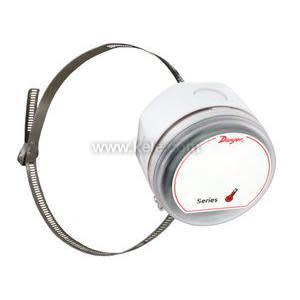 Small white round sensor with clear front and pipe-mounting metal strap.
