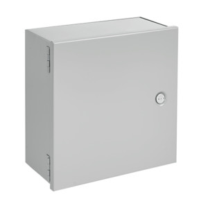 Plain gray metal box with smooth hinged door and small circular lock on the front.