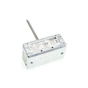 A T series duct temperature sensor comprising a rectangular metal enclosure with a printed label and an upward protruding stainless steel probe