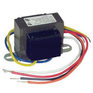 Small transformer with black core, mounting ears and colorful wire leads.