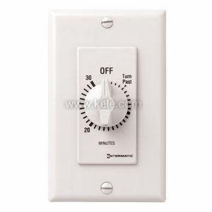 White wall-mounted mechanical timer with a round knob marked in minutes and labeled off at the top