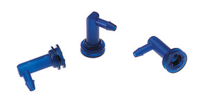 Three bright blue plastic elbow connectors designed for tubing, each featuring a barbed tip and a circular flange at the base for mounting.