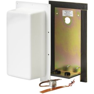 Kit of parts: a smooth white cover, a flat metal plate lined with black foam and having a round hole, and a small sensor on a thin copper strip with two thin wires.