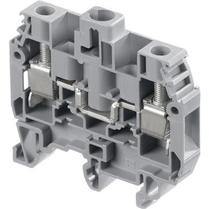 Gray plastic terminal block showing internal channels and metal screw clamps used for connecting wires