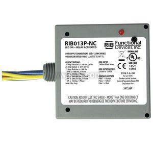Square grey relay module labelled RIB013P-NC with printed instructions and coloured wiring exiting from the left side.