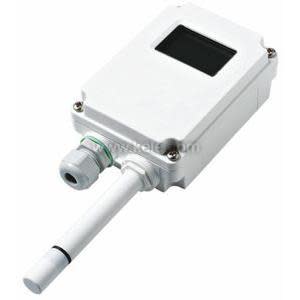 White rectangular sensor housing with dark display window, cable gland and cylindrical probe projecting from bottom
