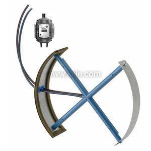 A circular sensor device formed by four curved metal plates attached to a blue cross-shaped frame, paired with a small gray transmitter box.