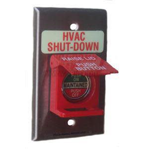 Push button assembly with hinged red cover labeled emergency HVAC shutdown.