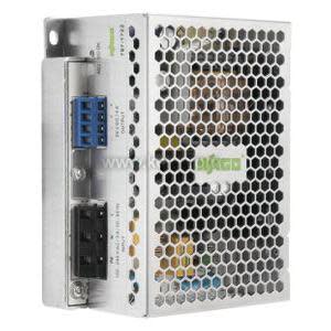 Grey rectangular DIN power supply with vented front and screw terminals