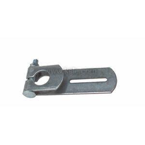 Metal bracket with circular clamp on one end and an elongated slotted arm on the other.