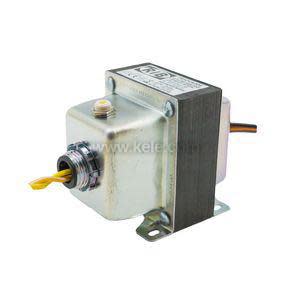 Metallic transformer block with yellow wire harness through cable gland and base mounting holes