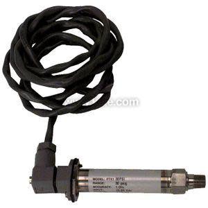 Stainless pressure sensor with right-angle connector and long black coiled cable