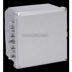 A medium-sized gray plastic enclosure with a smooth door and hinge points on one edge.