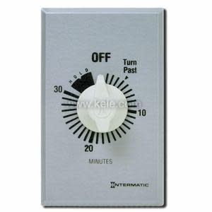 Gray wall timer with white knob and minute scale up to thirty minutes.
