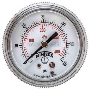 Analog pressure gauge with 0–60 psi and corresponding kilopascal scale, featuring a black needle on a white face.