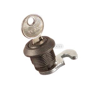 A close-up view of a small threaded cam lock; a single round-headed key is inserted into the top while an L-shaped metal cam protrudes from the side, photographed on a plain white background