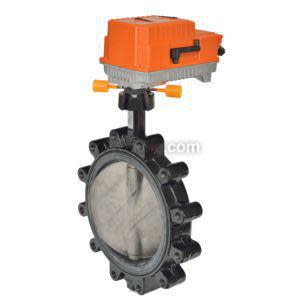 Large black butterfly valve with orange actuator mounted on top