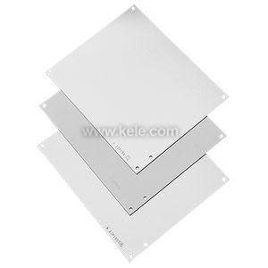 Three plain metal plates of equal size, each with small holes at the corners, overlapping in a staggered formation.
