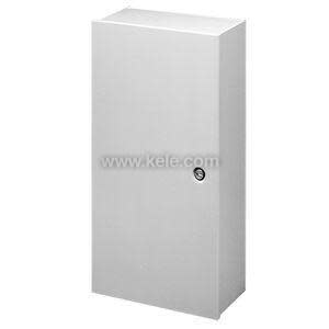 Tall slender grey box with plain front and a round keyed lock near the center