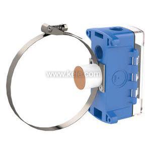 Blue housing with metal strap and small white probe attached for pipe temperature