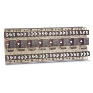 Rectangular green board populated with multiple relays, LED indicators and screw terminals.