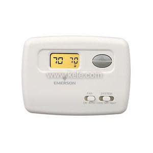 White rectangular thermostat with yellow digital display showing 70 degrees, a grey dial and two switch buttons
