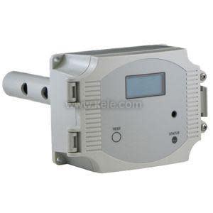 Grey housing with oval faceplate featuring a small digital screen, a test button and a status indicator, plus a short cylindrical probe