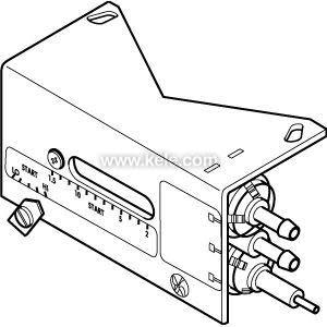 Black-and-white line drawing of an angled thermostat housing with sliding scale and two protruding tubing connectors