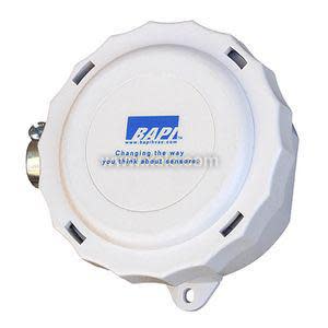 Round white sensor housing with vent slots and mounting tab.