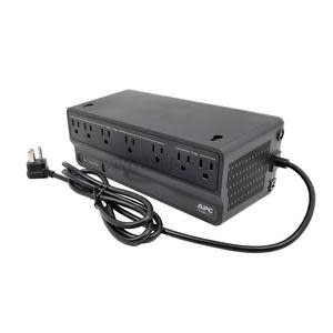 Black UPS battery backup device with six AC outlets and attached power cord.
