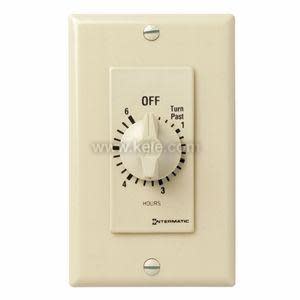 A cream colored timer switch with a round dial labeled from zero to six hours with an off position.