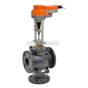Large dark grey flanged valve with an exposed spring stem and an orange rectangular actuator mounted on top