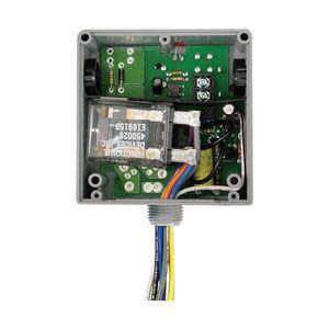 Open gray control box with clear relay, circuit board and colored wires