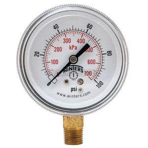 Round pressure gauge displaying psi and kPa measurements, with a black needle and a brass connector at the bottom.