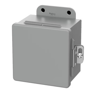 Grey enclosure with top bracket, latch and removable cover.