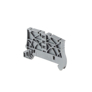 Grey plastic DIN rail end bracket with reinforcing ribs
