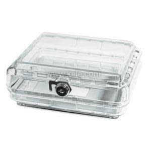 Small square clear plastic cover with a hinged lid and metal key lock on the front