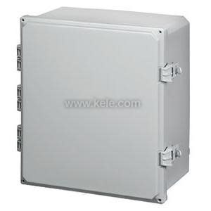 Large rectangular grey control box with a smooth front, two locking latches on the right and stacked hinges on the left.