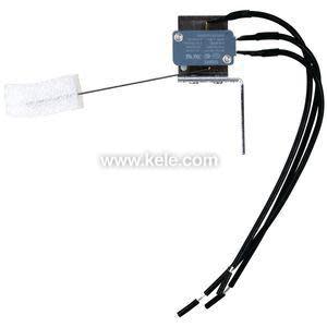 Gray PVC housing with foam float, bracket and black wire leads.