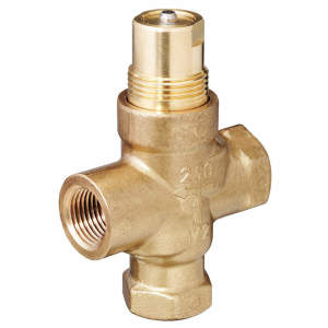 A golden brass control valve shaped like a cross with three threaded openings; the front has raised numbers and a flow arrow, and a smooth cylindrical bonnet with a small silver pin protrudes from the top.